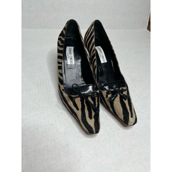 Jimmy Choo London Designer Zebra Fur Print Bow Detail Pointed Toe Kitten Heels - Picture 2 of 8